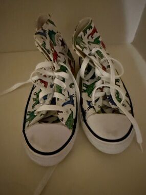 Converse Kids White High-Top Sneakers with Red, Green, Blue Dinosaur Print